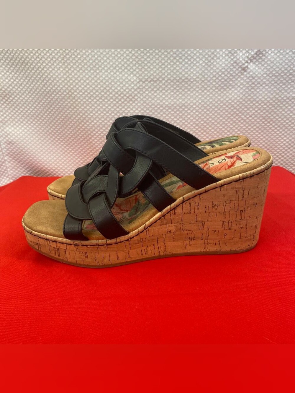 B.O.C. Cora Black Faux Leather Strappy Cork Platform Wedge Sandals Size 11